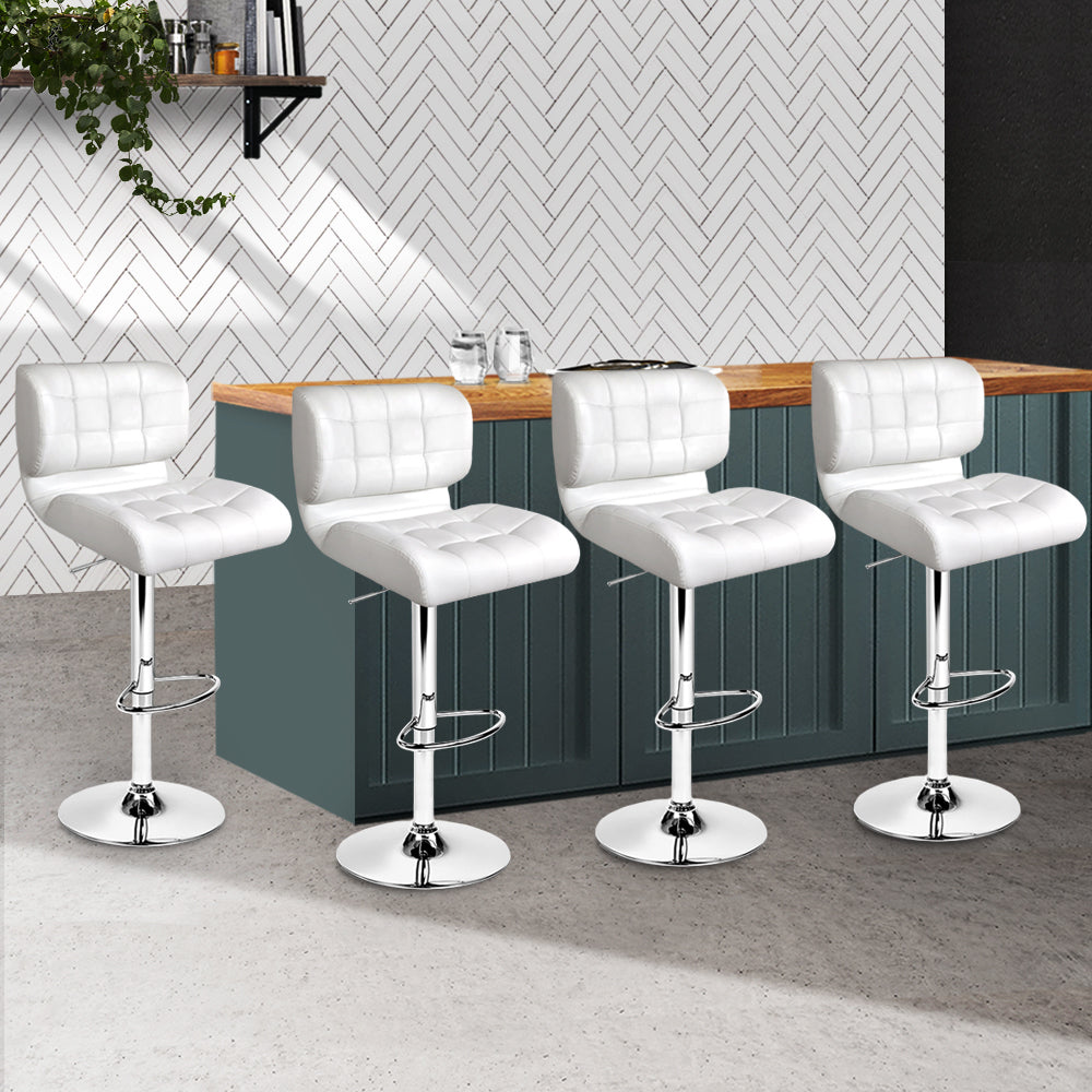 4x Swivel Gas Lift Bar Stools PU Leather Padded Back Support - White