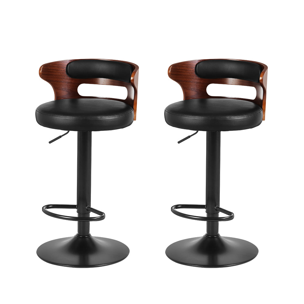 2x Swivel Gas Lift Bar Stools PU Leather Glossy Wood  Back Support - Black