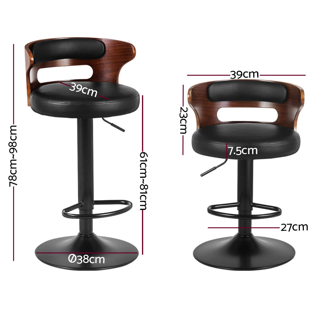 2x Swivel Gas Lift Bar Stools PU Leather Glossy Wood  Back Support - Black