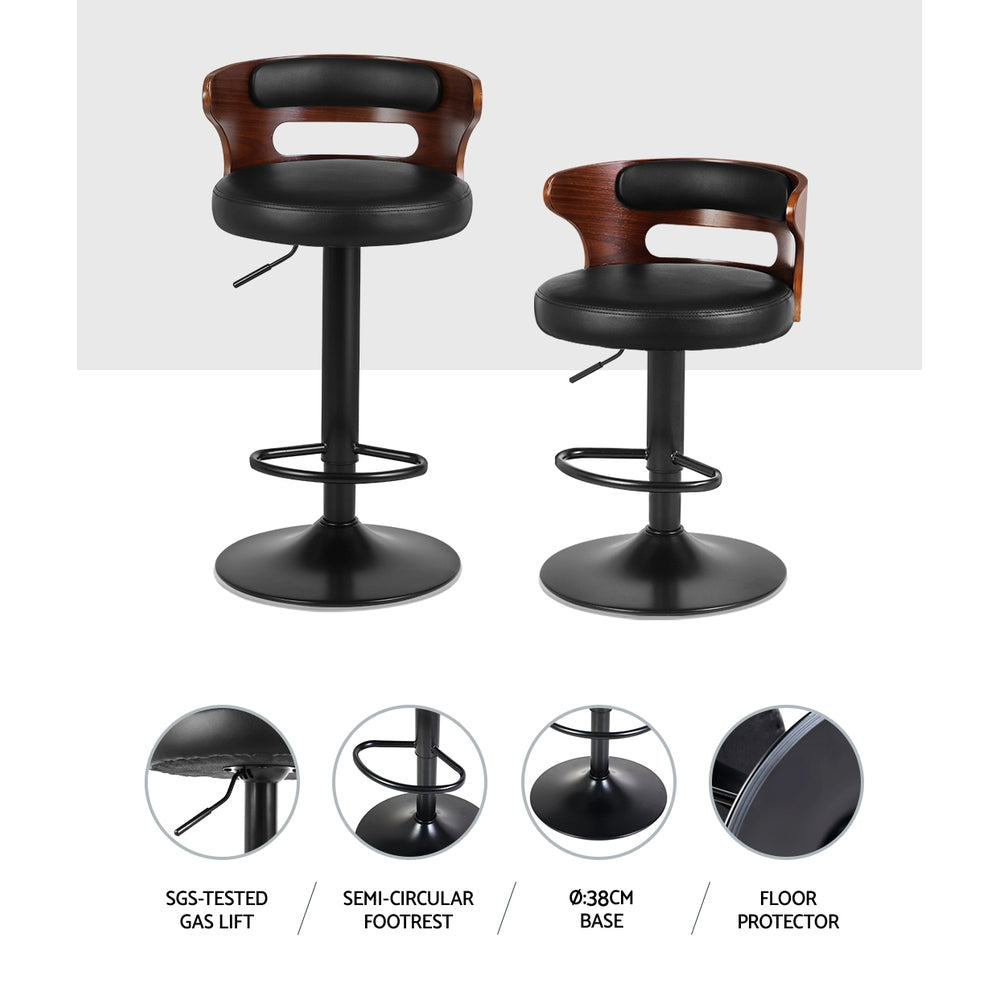 2x Swivel Gas Lift Bar Stools PU Leather Glossy Wood  Back Support - Black