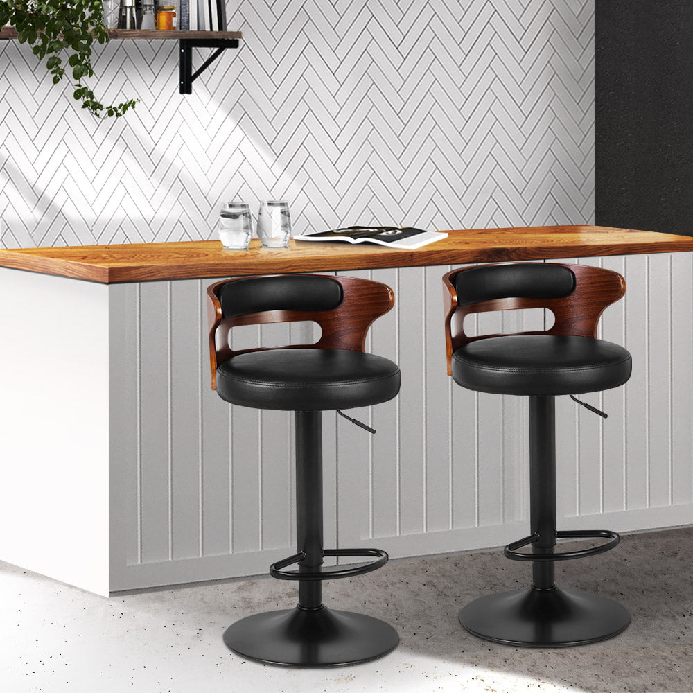 2x Swivel Gas Lift Bar Stools PU Leather Glossy Wood  Back Support - Black