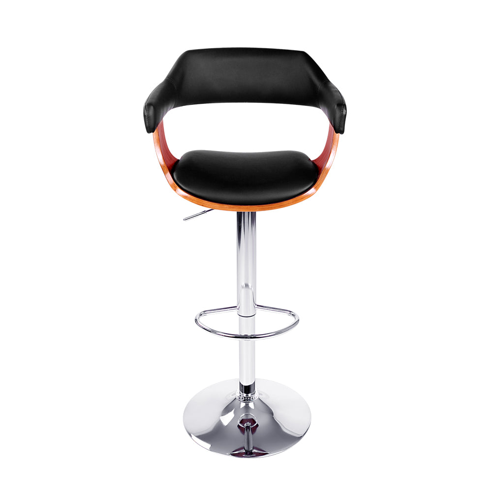 Single Swivel Gas Lift Bar Stool Wooden PU Leather Back Arm Support - Black