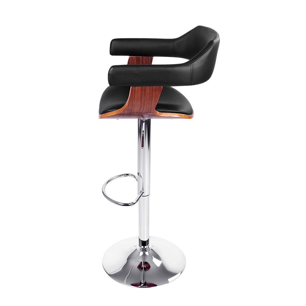 Single Swivel Gas Lift Bar Stool Wooden PU Leather Back Arm Support - Black