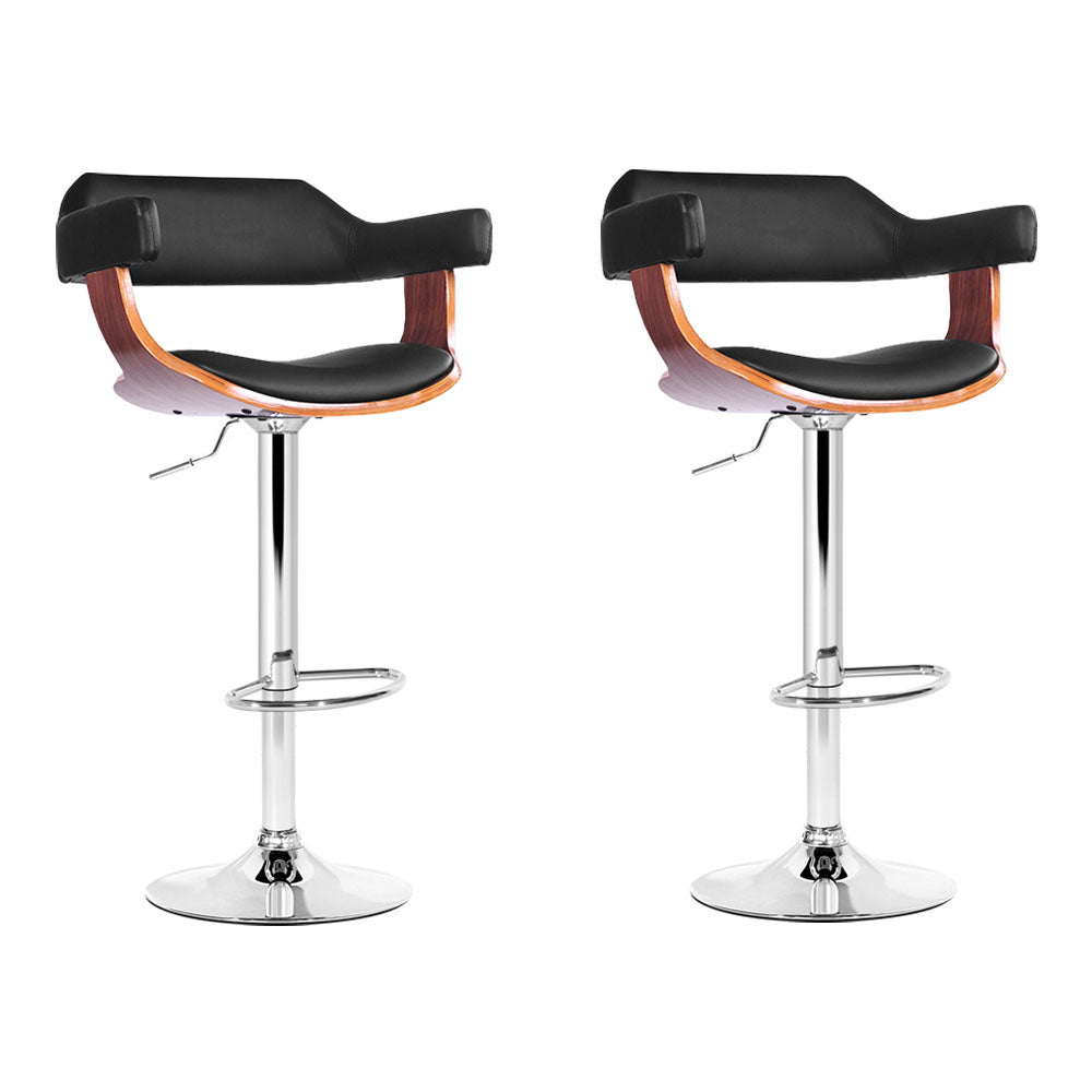 2x Swivel gas Lift Bar Stools PU Leather with Armrest and Back Support - Black