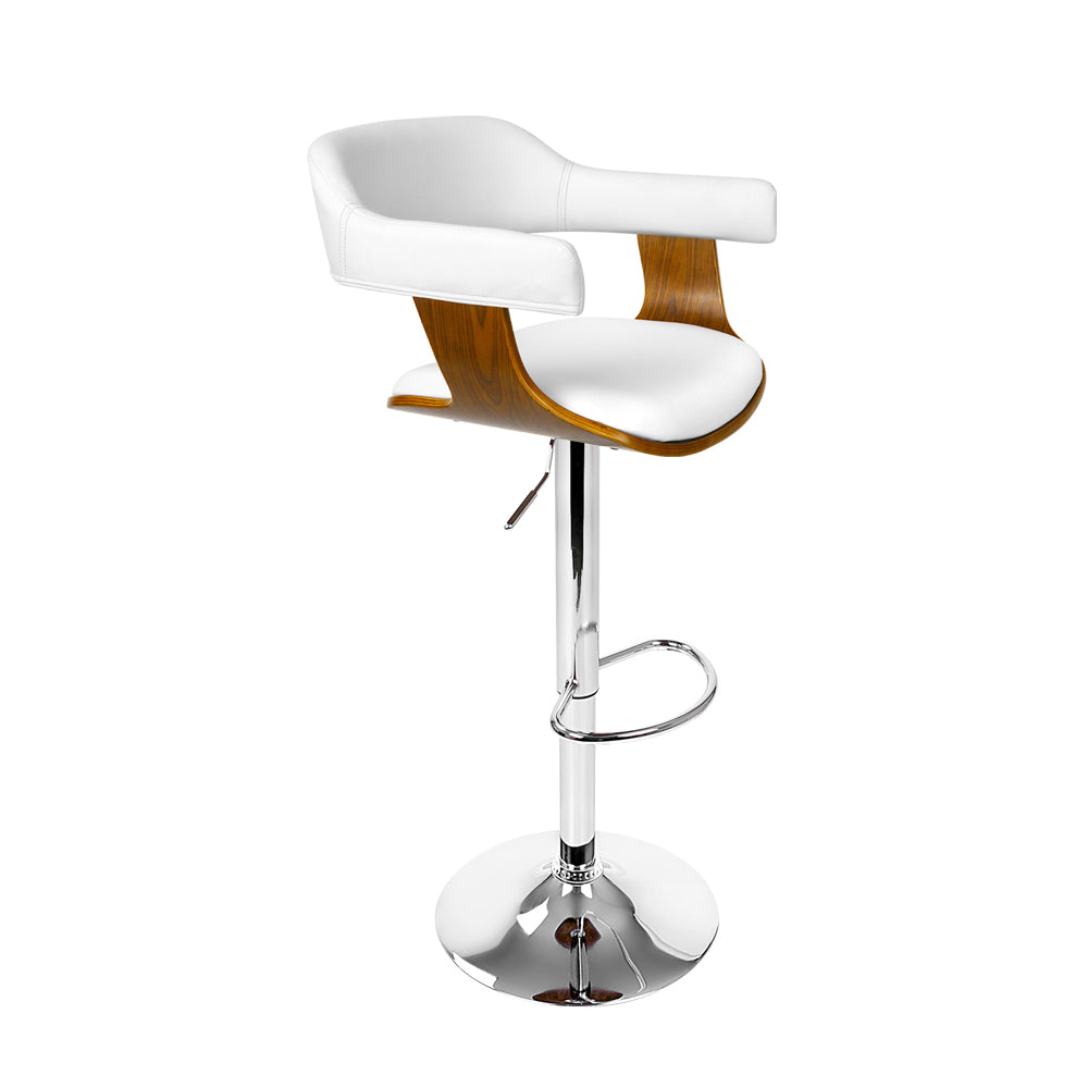 Single Swivel Gas Lift Bar Stool Wooden PU Leather Back Arm Support - White