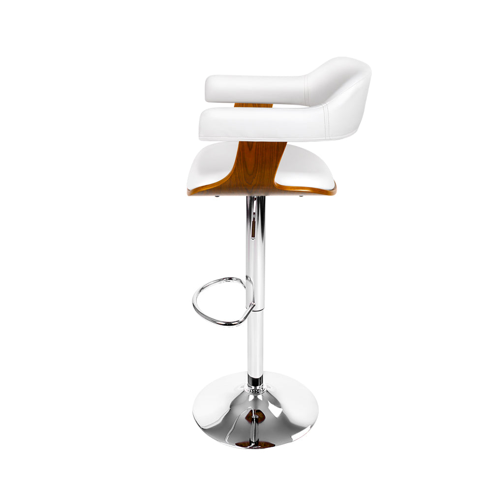 Set of 3 Swivel Gas Lift Bar Stool Wooden PU Leather Back Arm Support - White