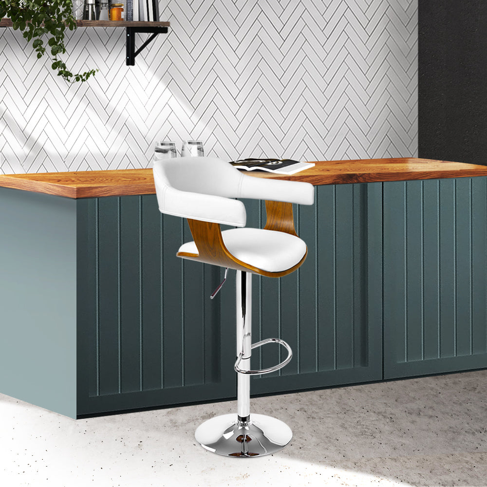 Single Swivel Gas Lift Bar Stool Wooden PU Leather Back Arm Support - White