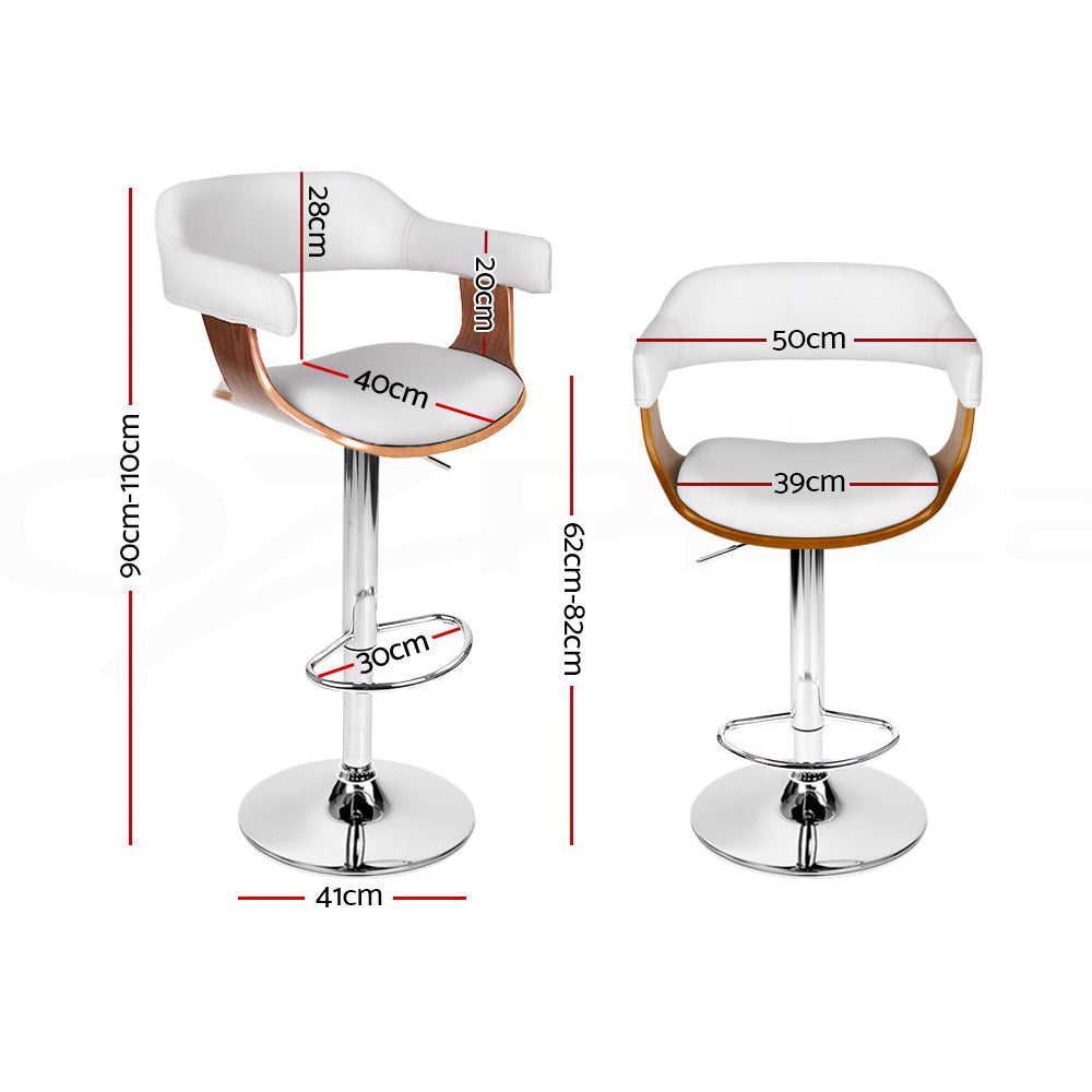 2x Swivel Gas Lift PU Leather Bar Stools with Back Support & Armrest - White