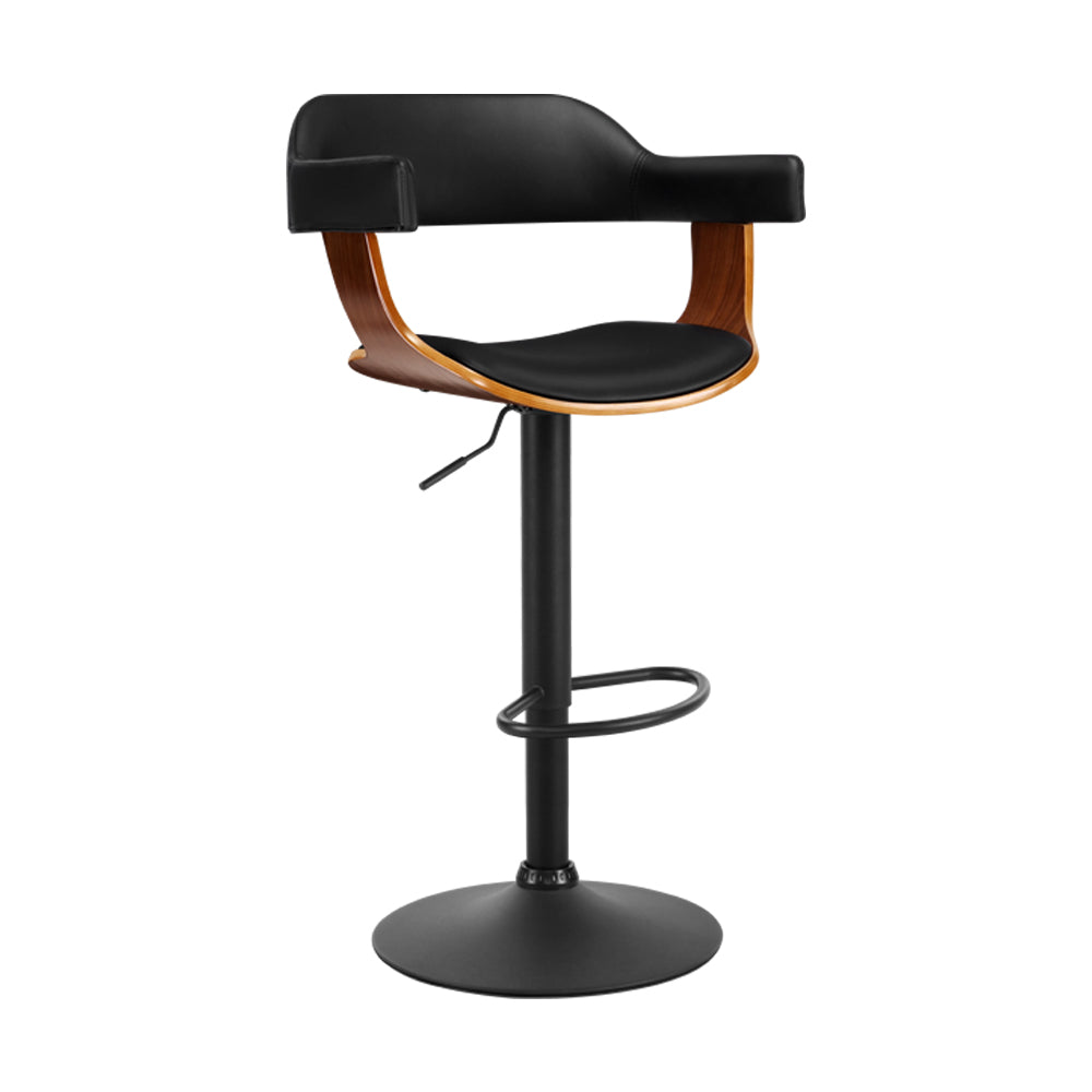 Single Swivel Gas Lift Bar Stools Wooden with PU Leather Back Arm Support - Black