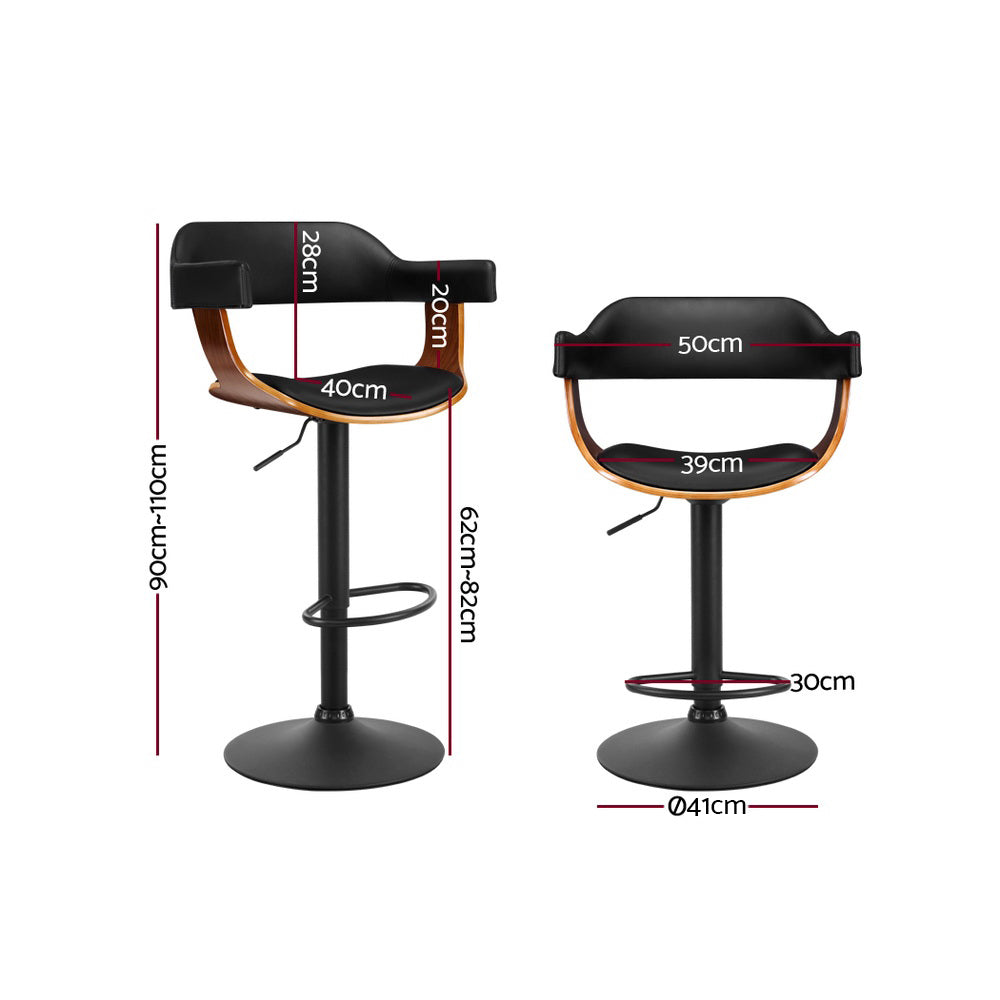 Single Swivel Gas Lift Bar Stools Wooden with PU Leather Back Arm Support - Black