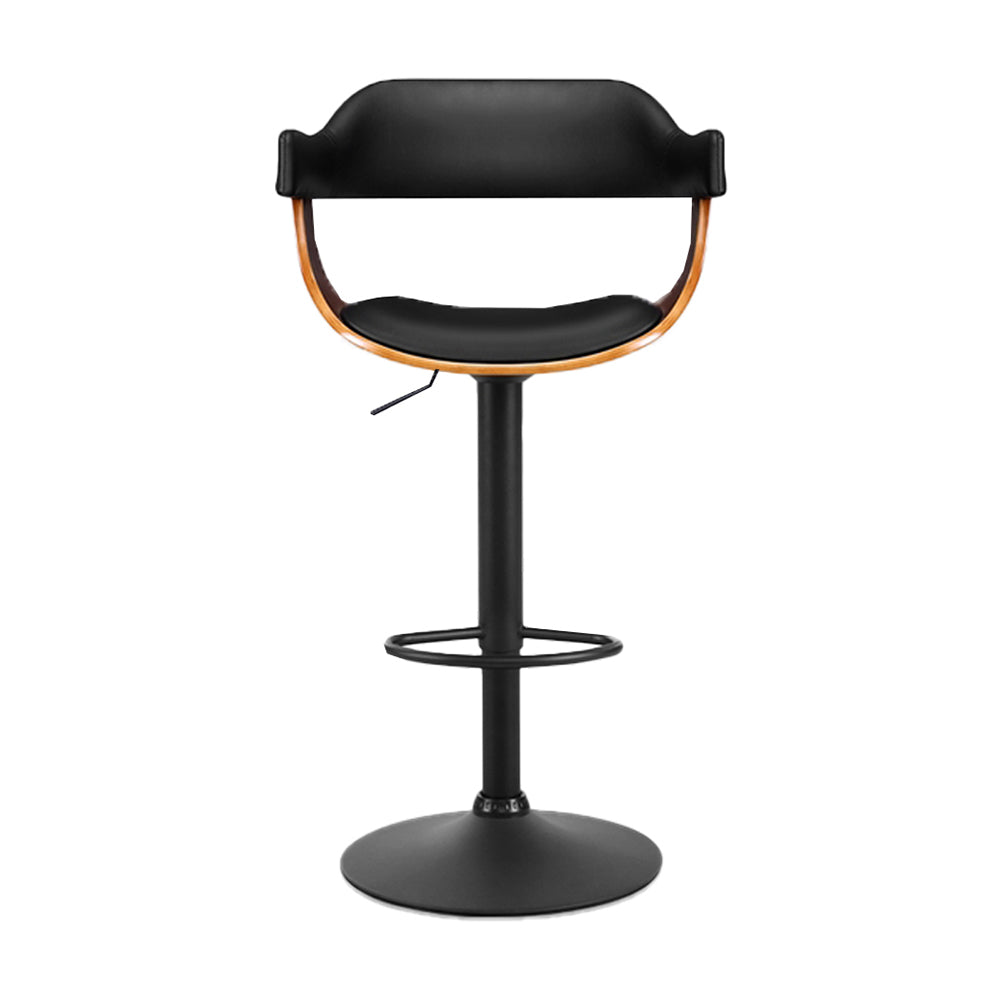 Single Swivel Gas Lift Bar Stools Wooden with PU Leather Back Arm Support - Black