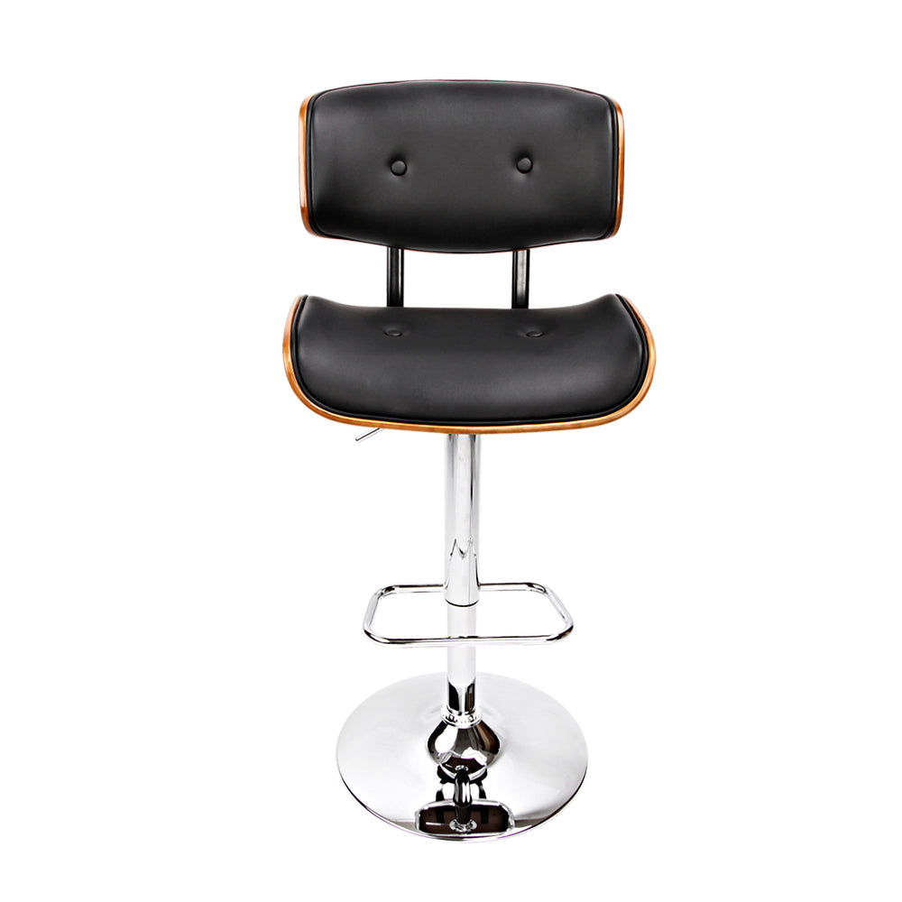 Single Swivel Gas Lift Bar Stool Wooden PU Leather Back Support - Black