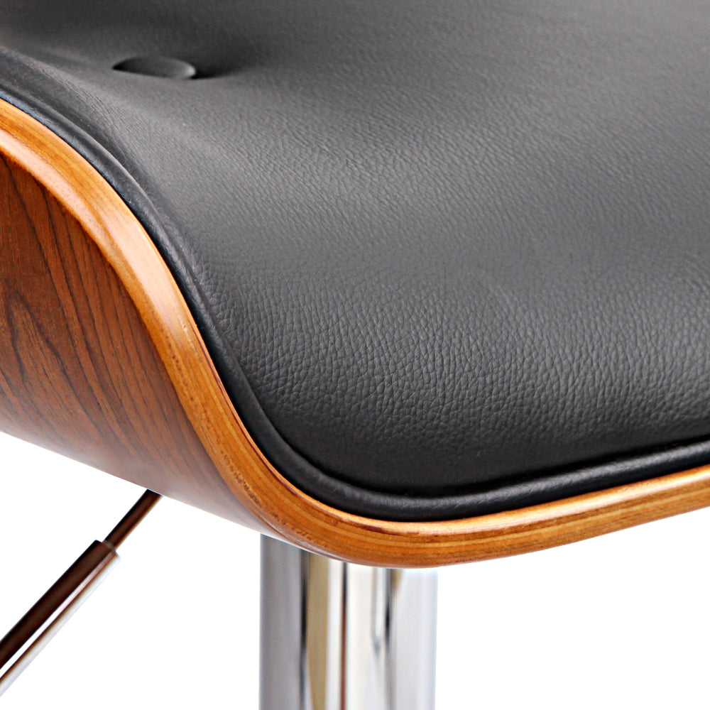 Single Swivel Gas Lift Bar Stool Wooden PU Leather Back Support - Black