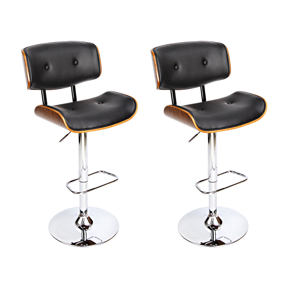 2x Swivel Gas Lift PU Leather Bar Stools with Back Support - Black