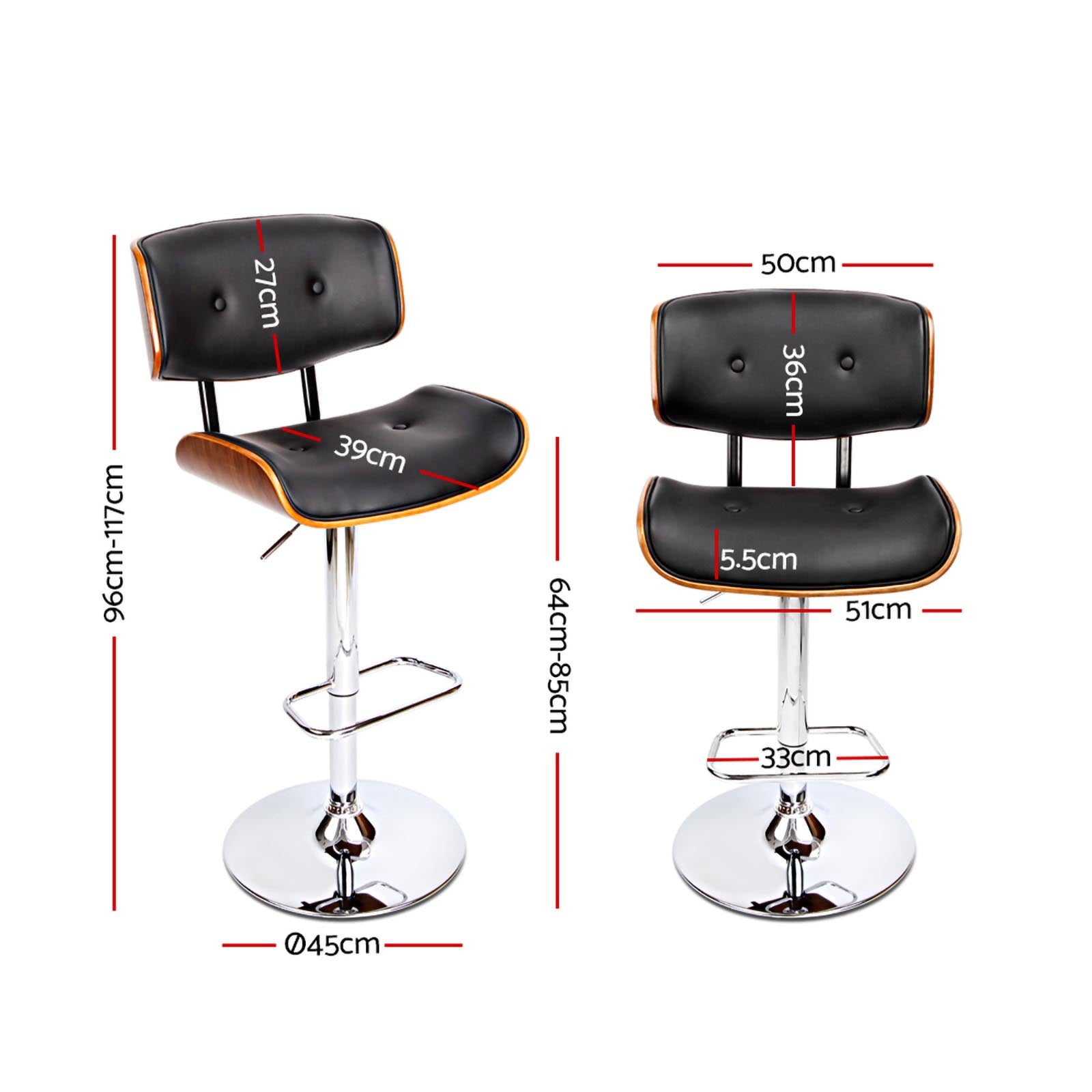 2x Swivel Gas Lift PU Leather Bar Stools with Back Support - Black