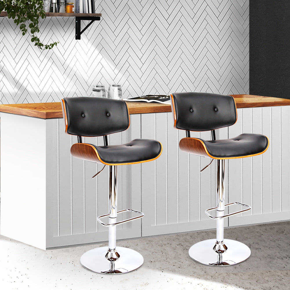 2x Swivel Gas Lift PU Leather Bar Stools with Back Support - Black