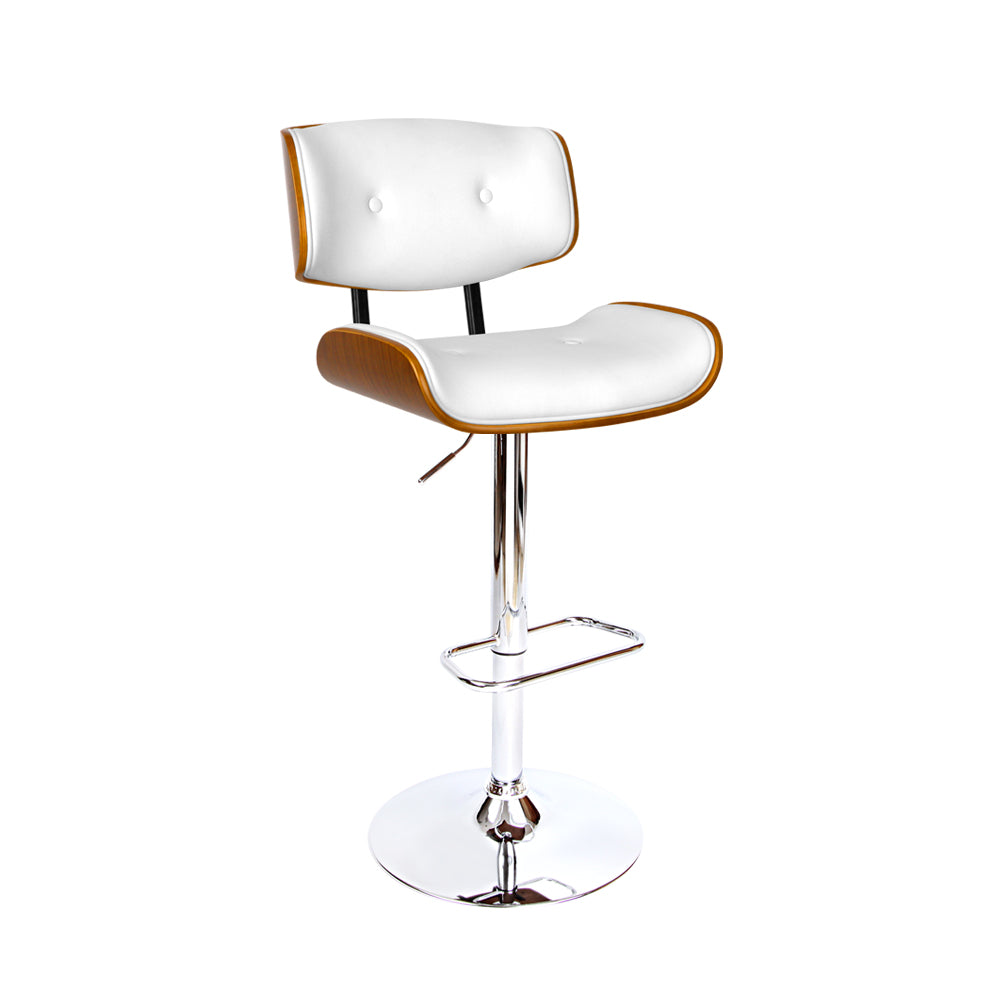 Single Swivel Gas Lift Bar Stool Wooden PU Leather Back Support - White