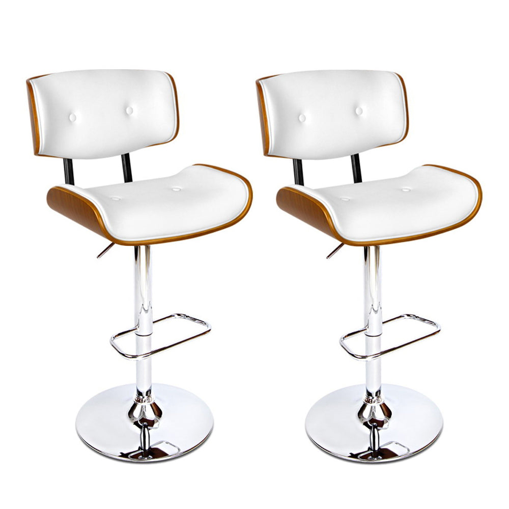 2x Swivel Gas Lift Leather Bar Stools with Back Support - White