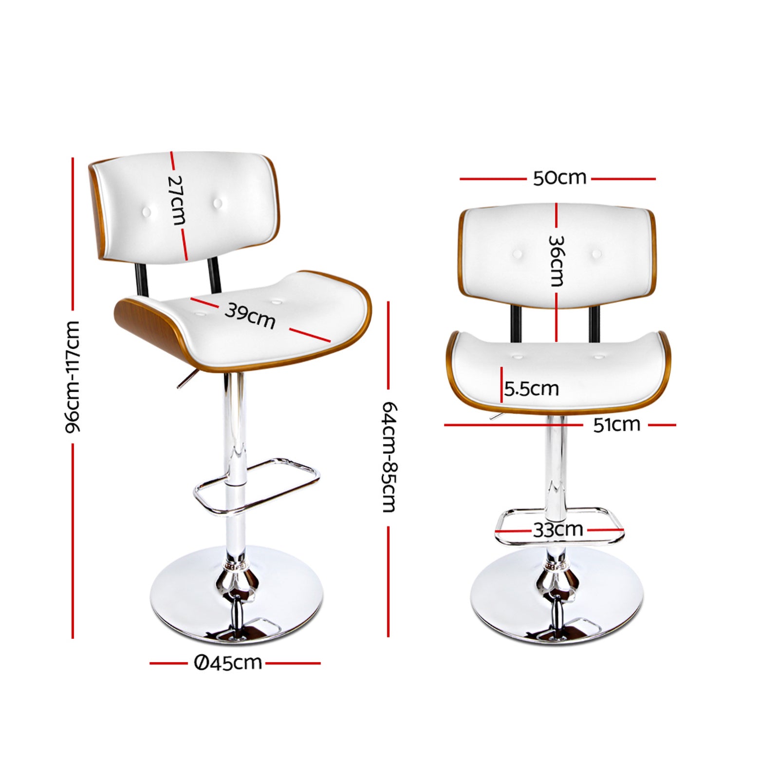 2x Swivel Gas Lift Leather Bar Stools with Back Support - White