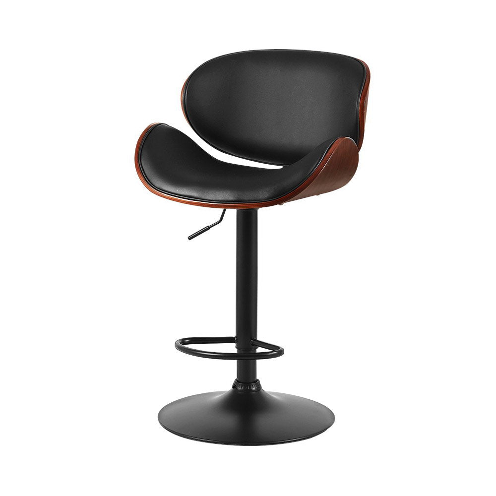 Single Swivel Gas Lift Bar Stool Back Support Wide Seat Leather & Wooden Vintage - Black