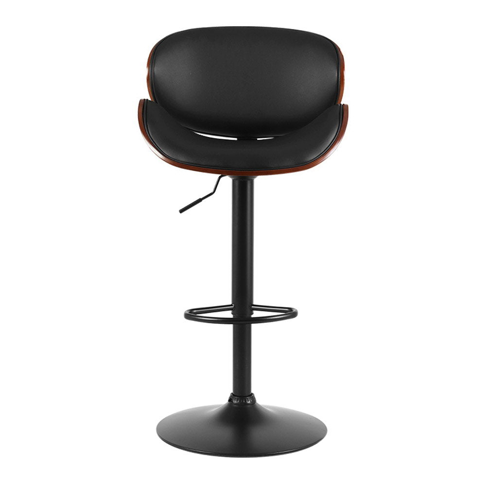 Single Swivel Gas Lift Bar Stool Back Support Wide Seat Leather & Wooden Vintage - Black