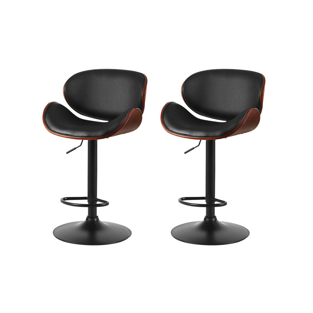 2x Swivel Gas Lift Bar Stools PU Leather with Back Support - Black