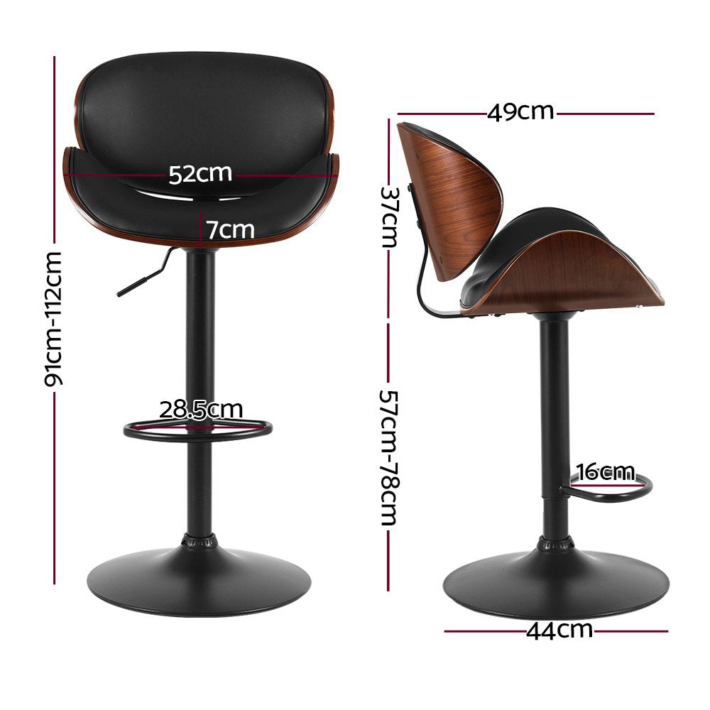 2x Swivel Gas Lift Bar Stools PU Leather with Back Support - Black