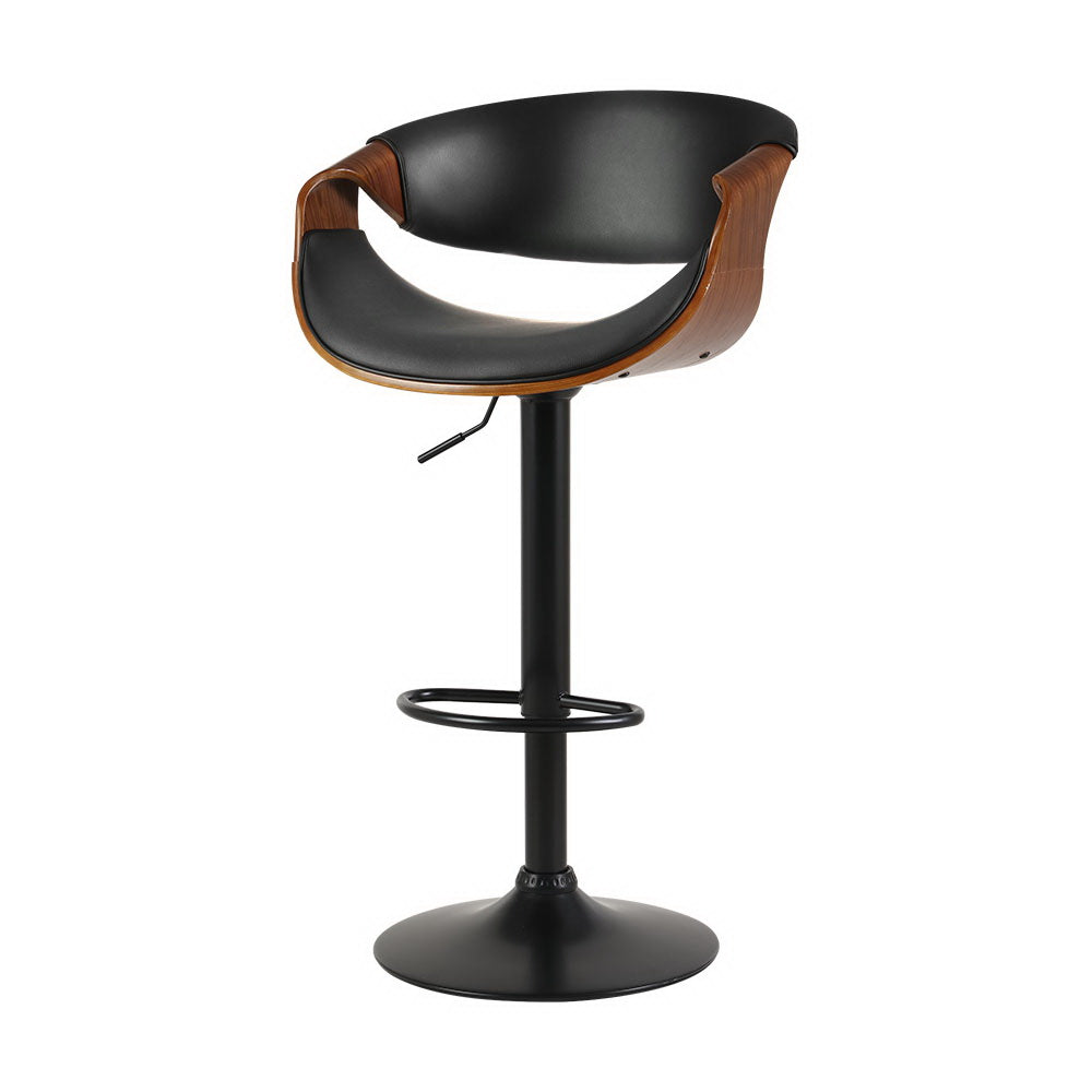 Single Swivel Gas Lift Bar Stool Wooden PU Leather Back Arm Support - Black