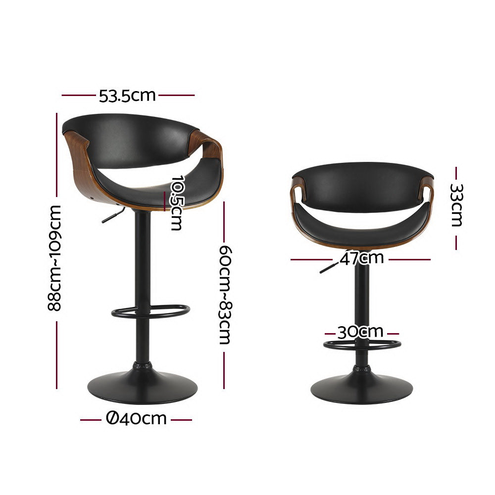 Set of 3 Swivel Gas Lift Bar Stool Wooden PU Leather Back Arm Support - Black