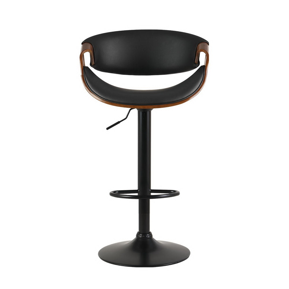 Single Swivel Gas Lift Bar Stool Wooden PU Leather Back Arm Support - Black