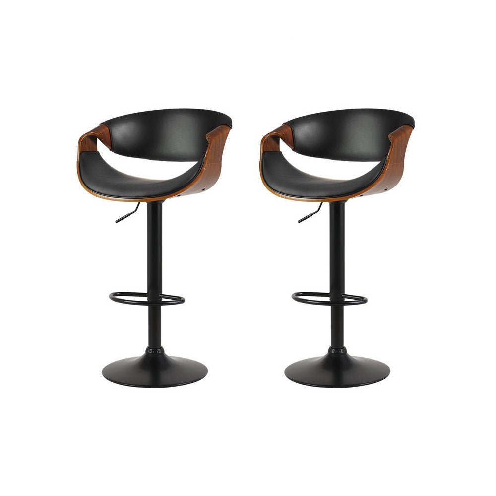 2x Swivel Gas Lift Leather Bar Stools with Back & Arm Support - Black