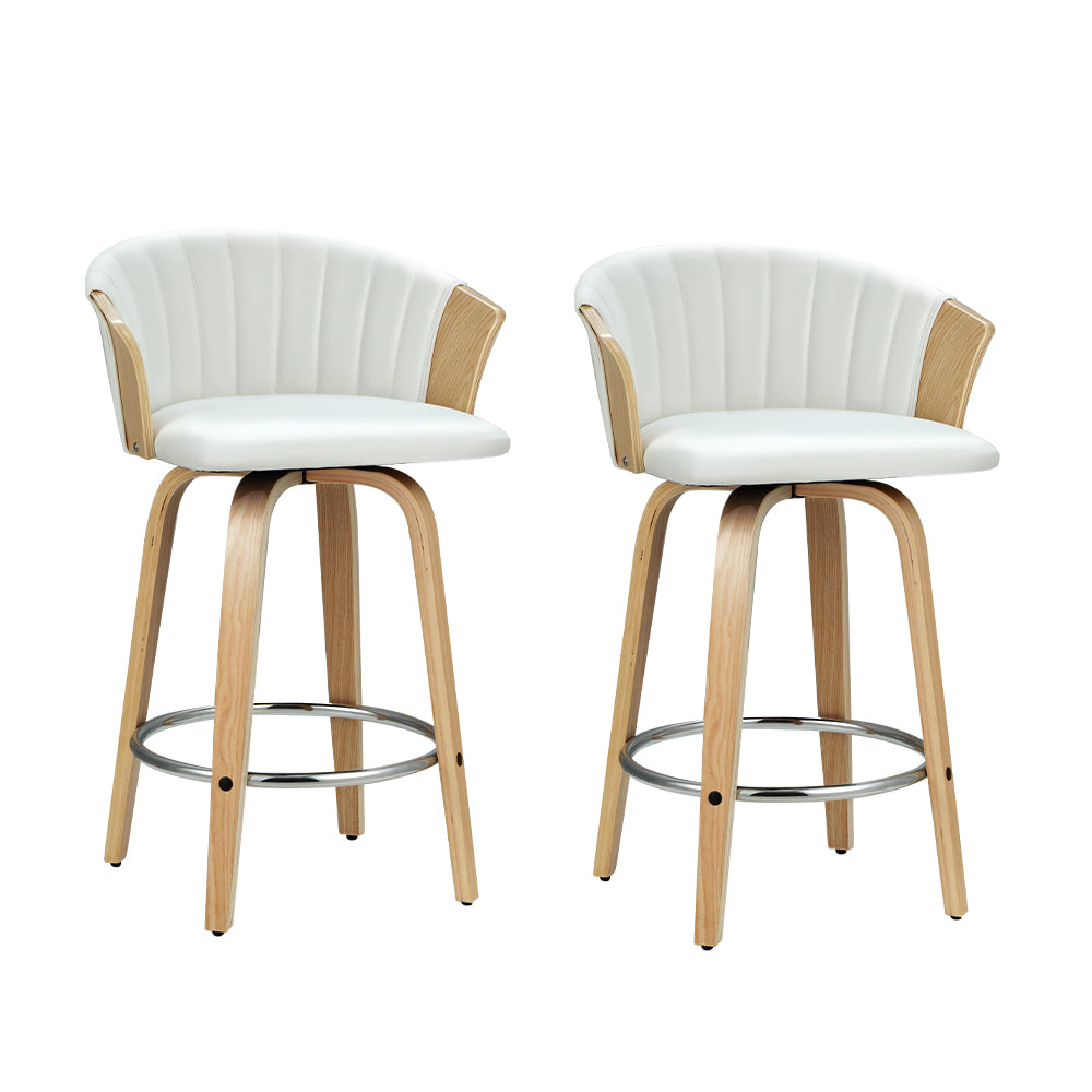 2x Swivel Wide Seat Bar Stools PU Leather Back Support - White