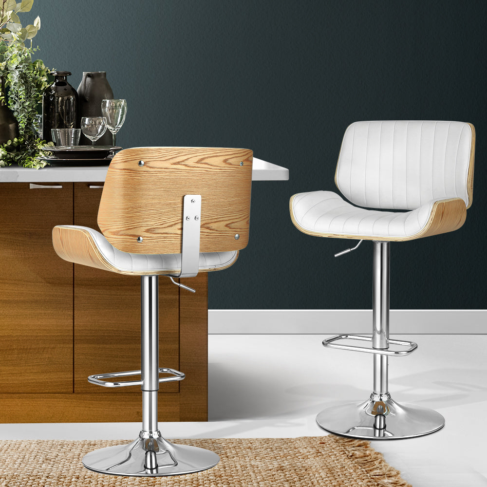 Set of 3 Swivel Gas Lift Bar Stool PU Leather & Wooden Stool - White