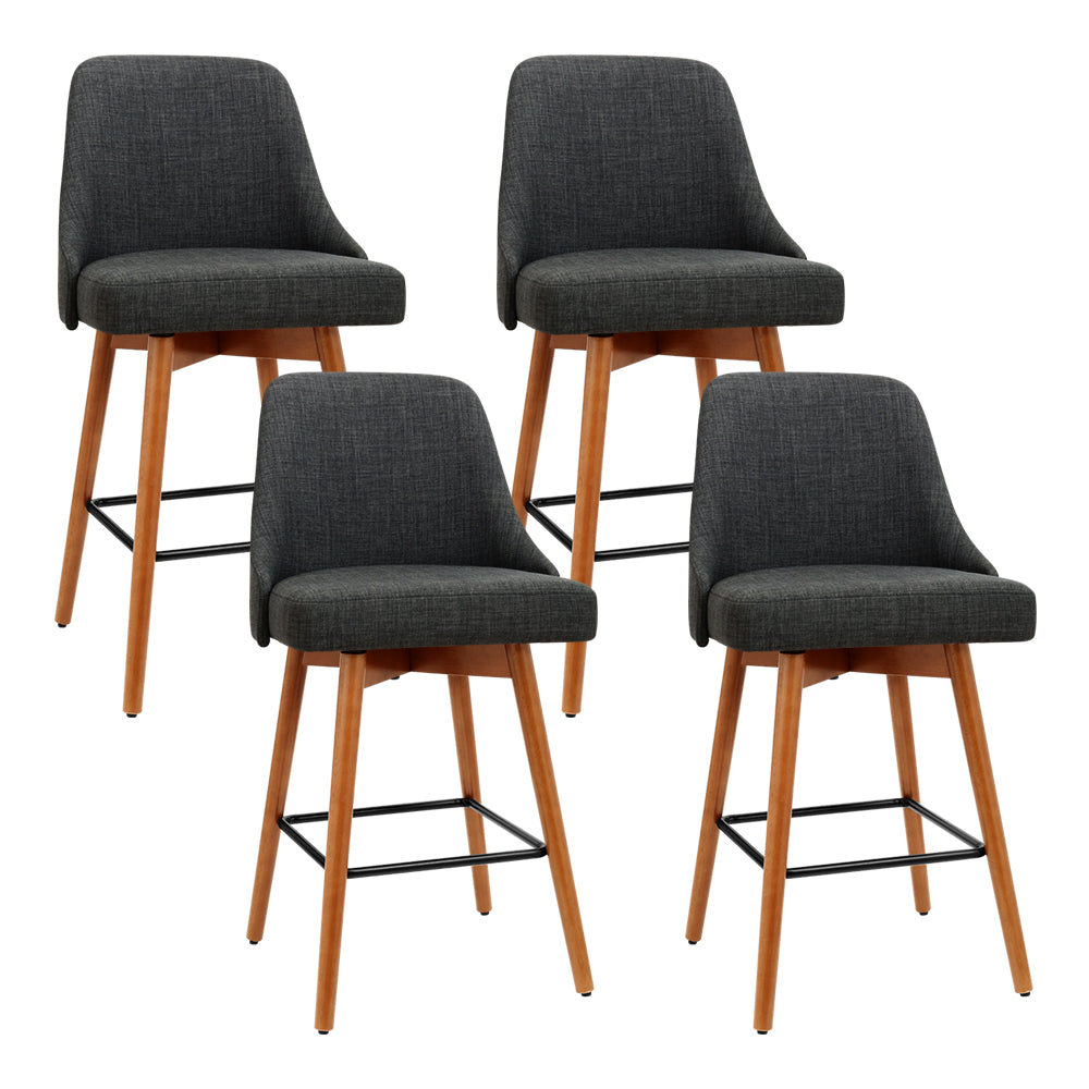 4x Swivel Bar Stools Wooden Soft Linen Fabric - Charcoal Grey