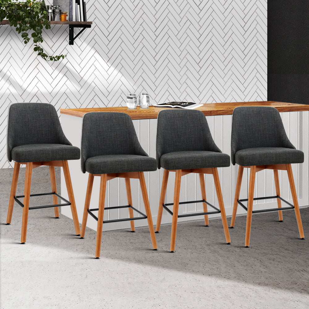 4x Swivel Bar Stools Wooden Soft Linen Fabric - Charcoal Grey