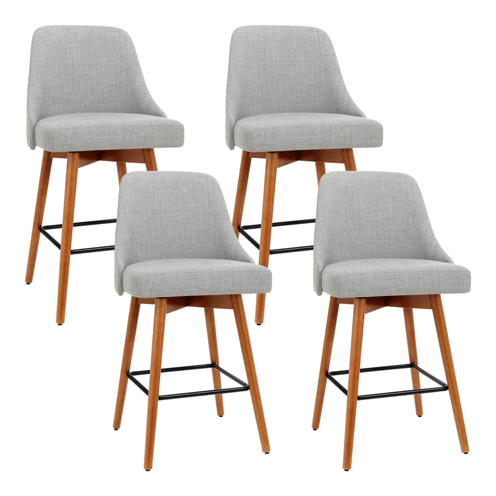 4x Swivel Bar Stools Wooden Soft Padded Linen Fabric - Grey