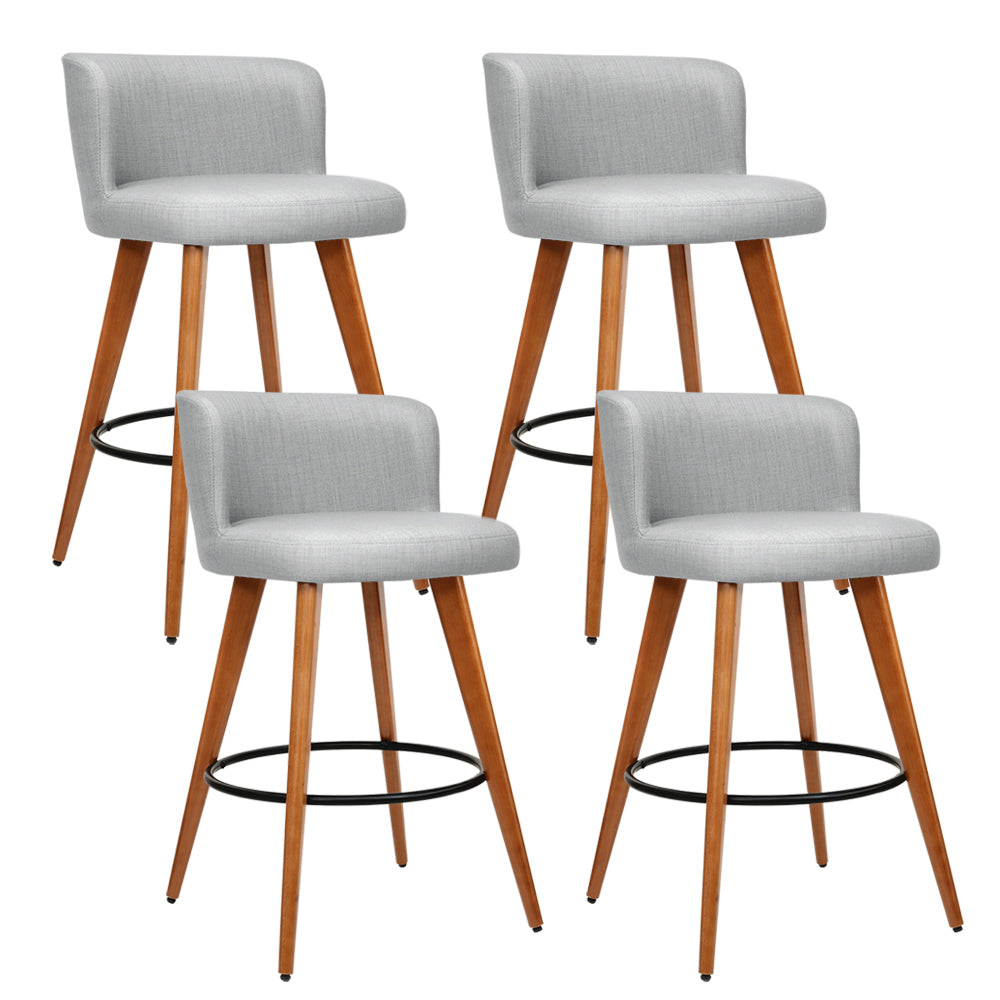 4x Bar Stools with Back Support Linen Padded Wooden - Grey