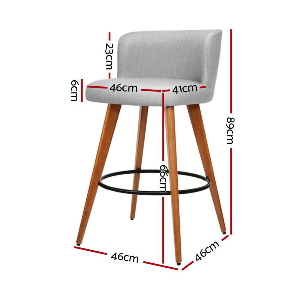 4x Bar Stools with Back Support Linen Padded Wooden - Grey