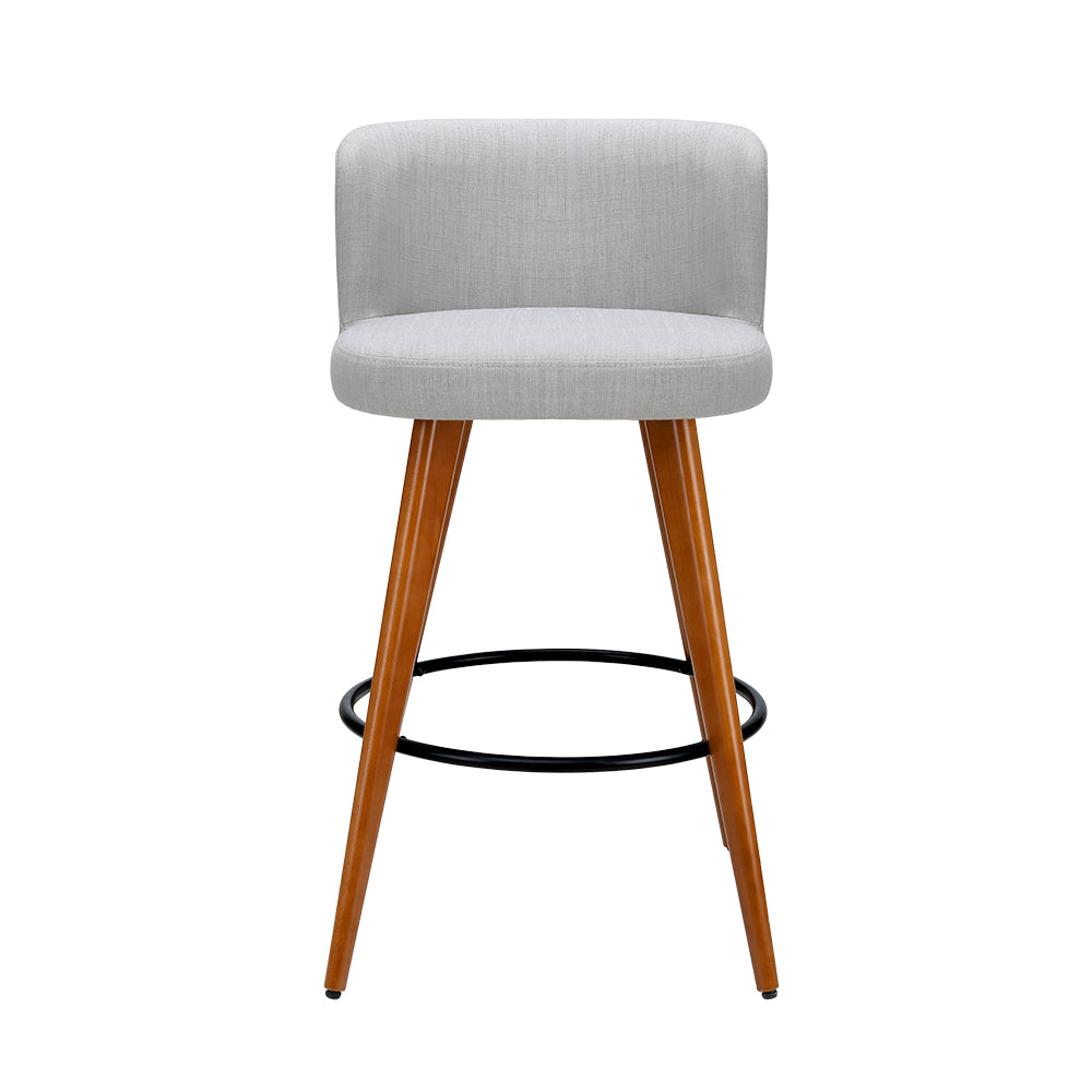 4x Bar Stools with Back Support Linen Padded Wooden - Grey