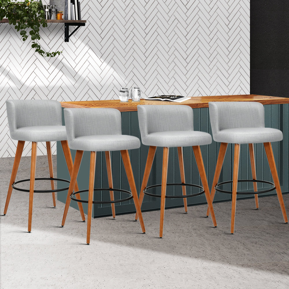 4x Bar Stools with Back Support Linen Padded Wooden - Grey