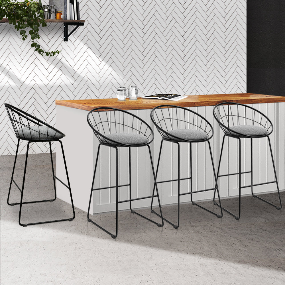 4x Bar Stools Padded Fabric Seat Metal Frame - Black