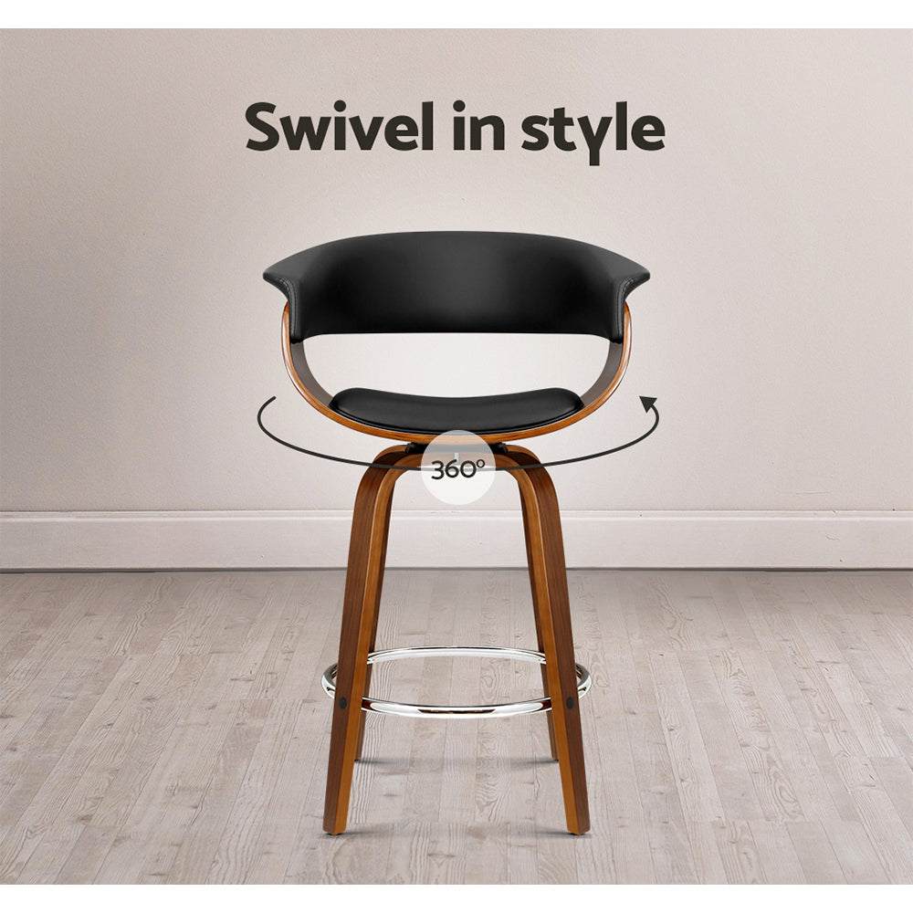 Single Swivel PU Leather & Wooden Bar Stool - Brown & Black