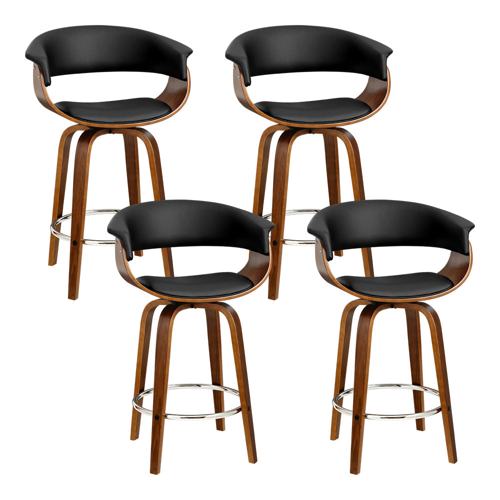 4x Swivel Wide Seat Bar Stools PU Leather & Wooden - Black