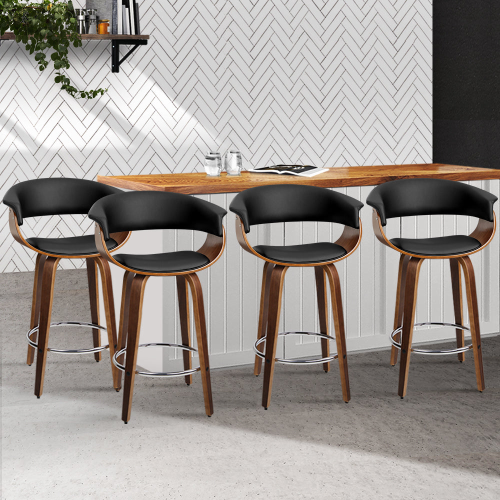 4x Swivel Wide Seat Bar Stools PU Leather & Wooden - Black