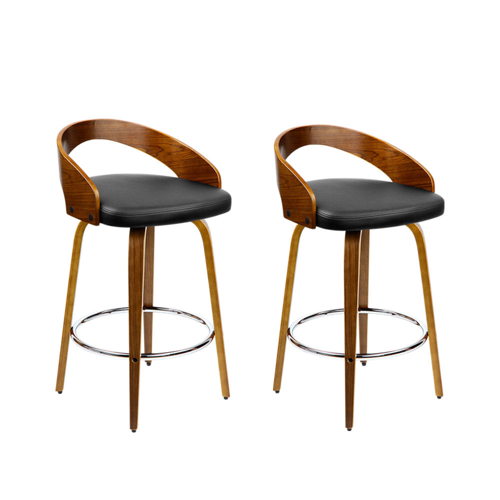 2x Swivel Wide Seat Bar Stools Curved Backrest - Walnut & Black