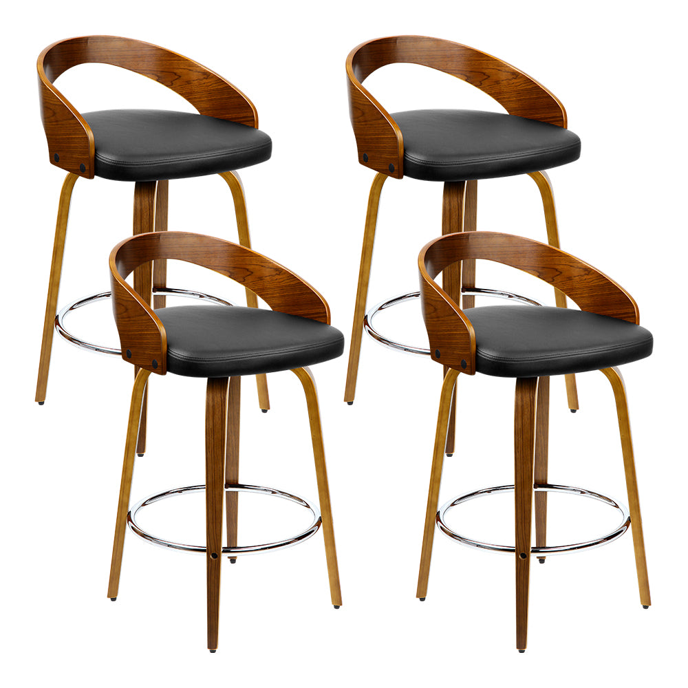 4x Walnut Wooden Swivel Bar Stools PU Leather Wide Seat Back Support - Black