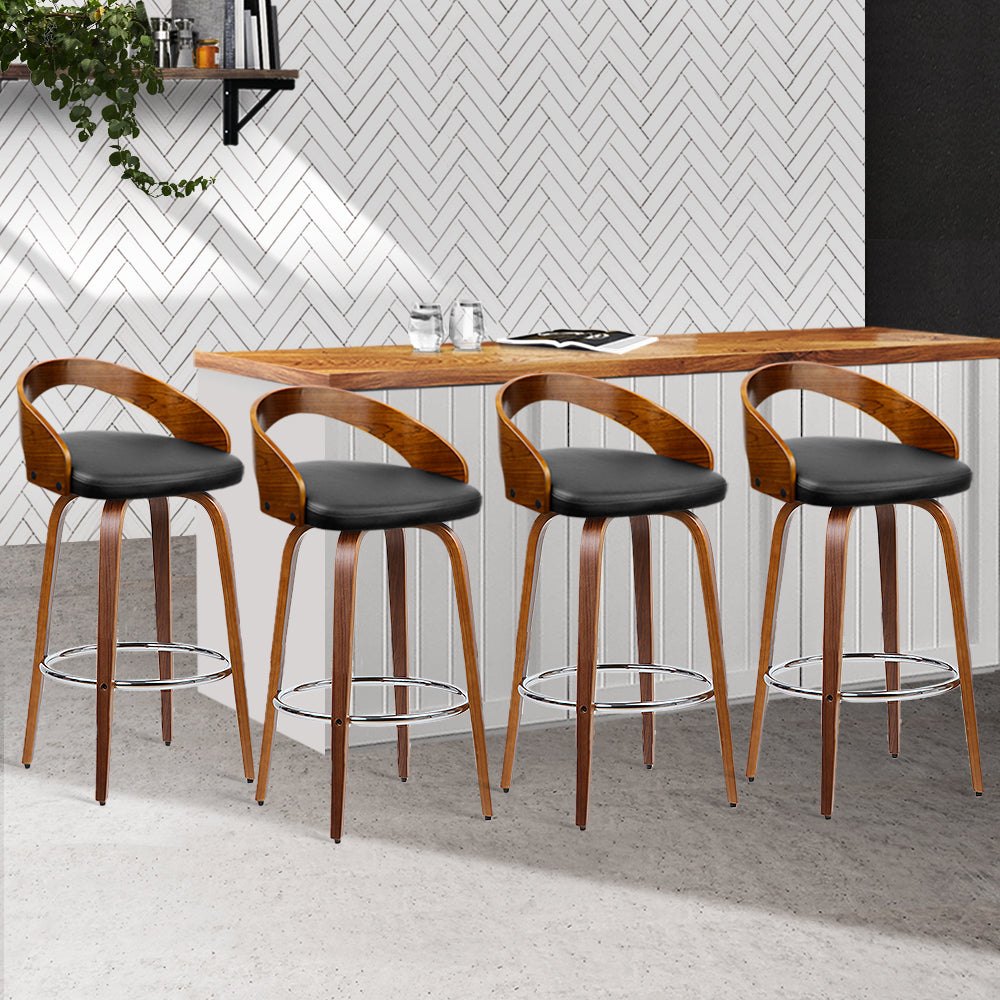 4x Walnut Wooden Swivel Bar Stools PU Leather Wide Seat Back Support - Black