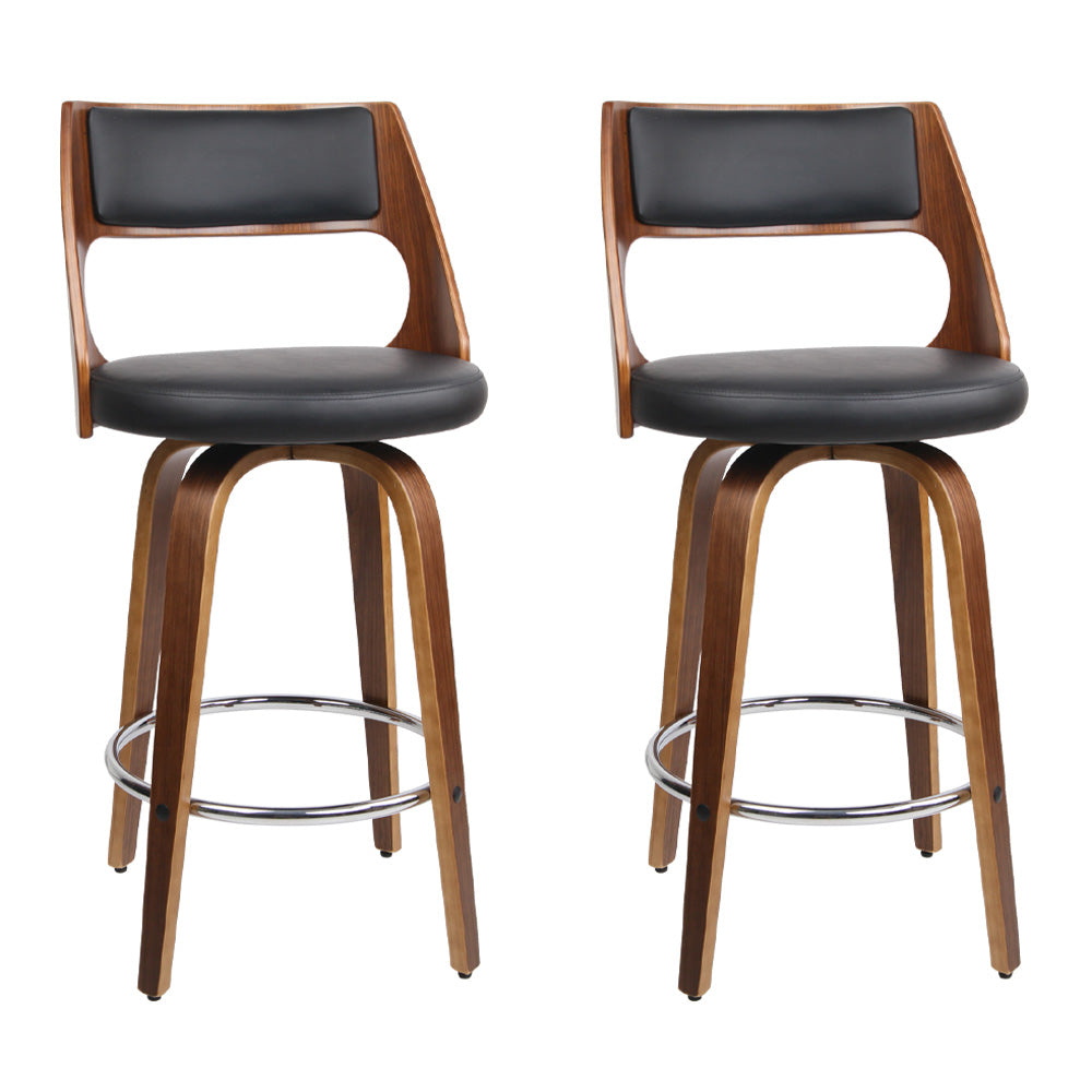 2x Swivel PU Leather & Wooden Bar Stools - Black