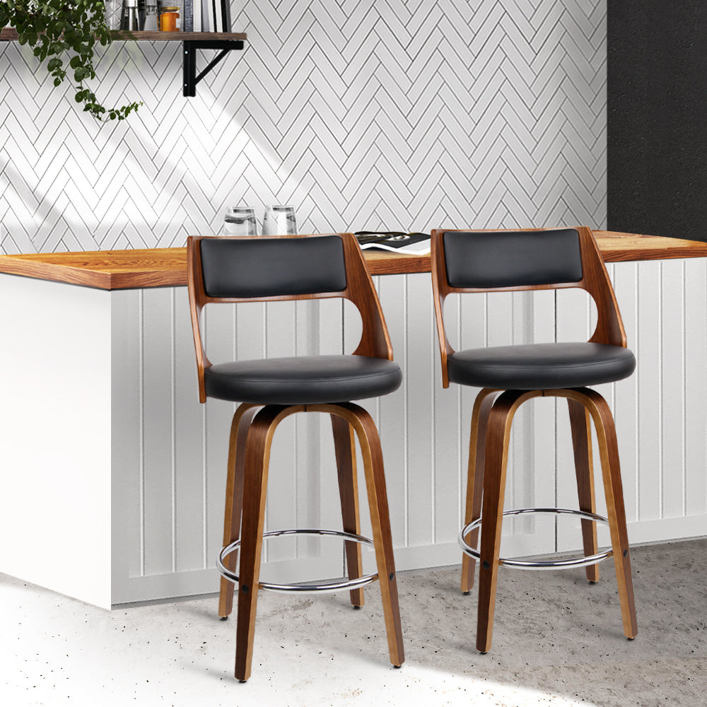 2x Swivel PU Leather & Wooden Bar Stools - Black