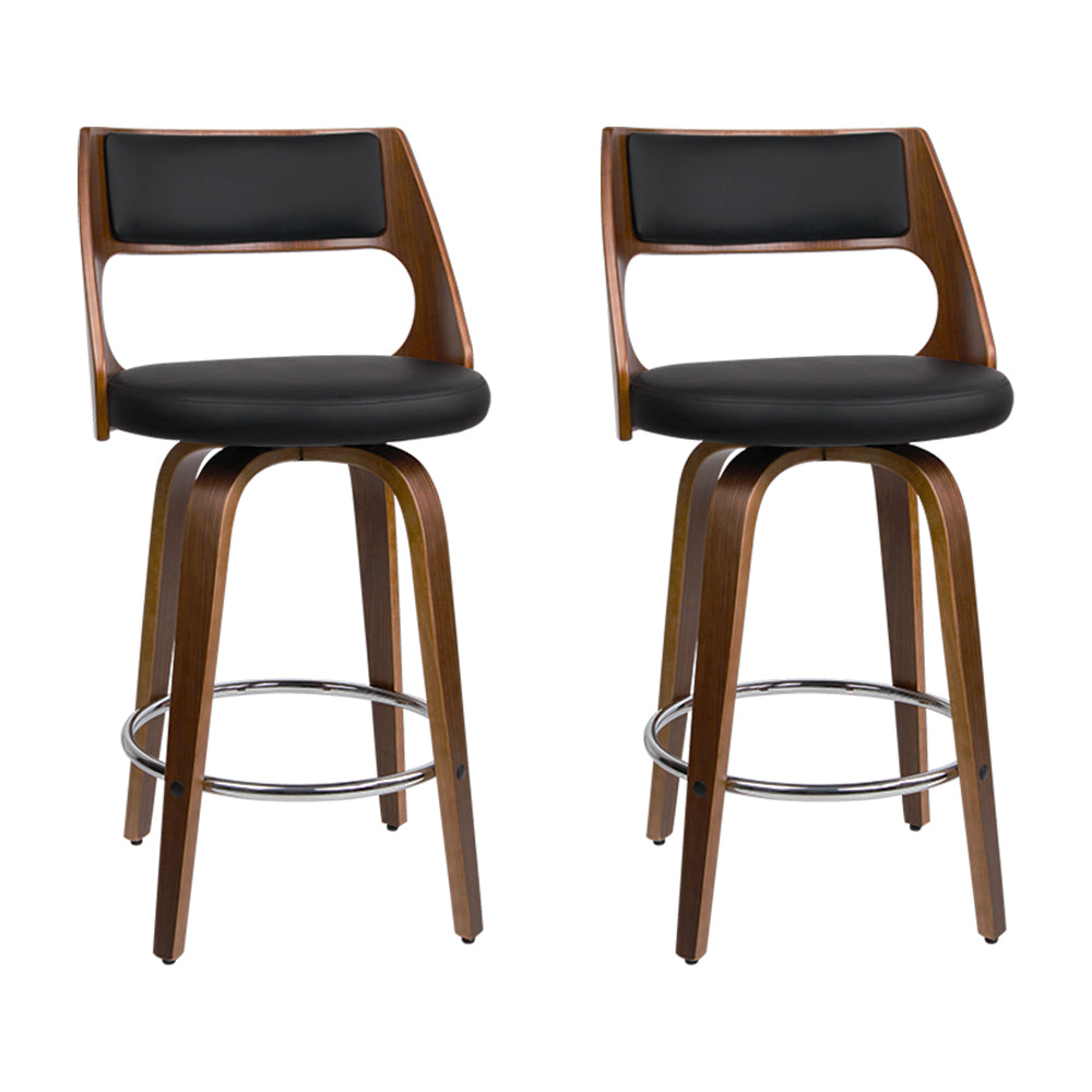 2x Wide Seat Swivel Bar Stools Wooden & PU Leather Back Support - Black